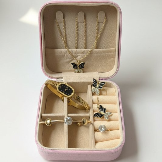 Elegant Butterfly Jewelry Gift Set – 6-Piece Gold-Tone Collection with Luxury Travel Case